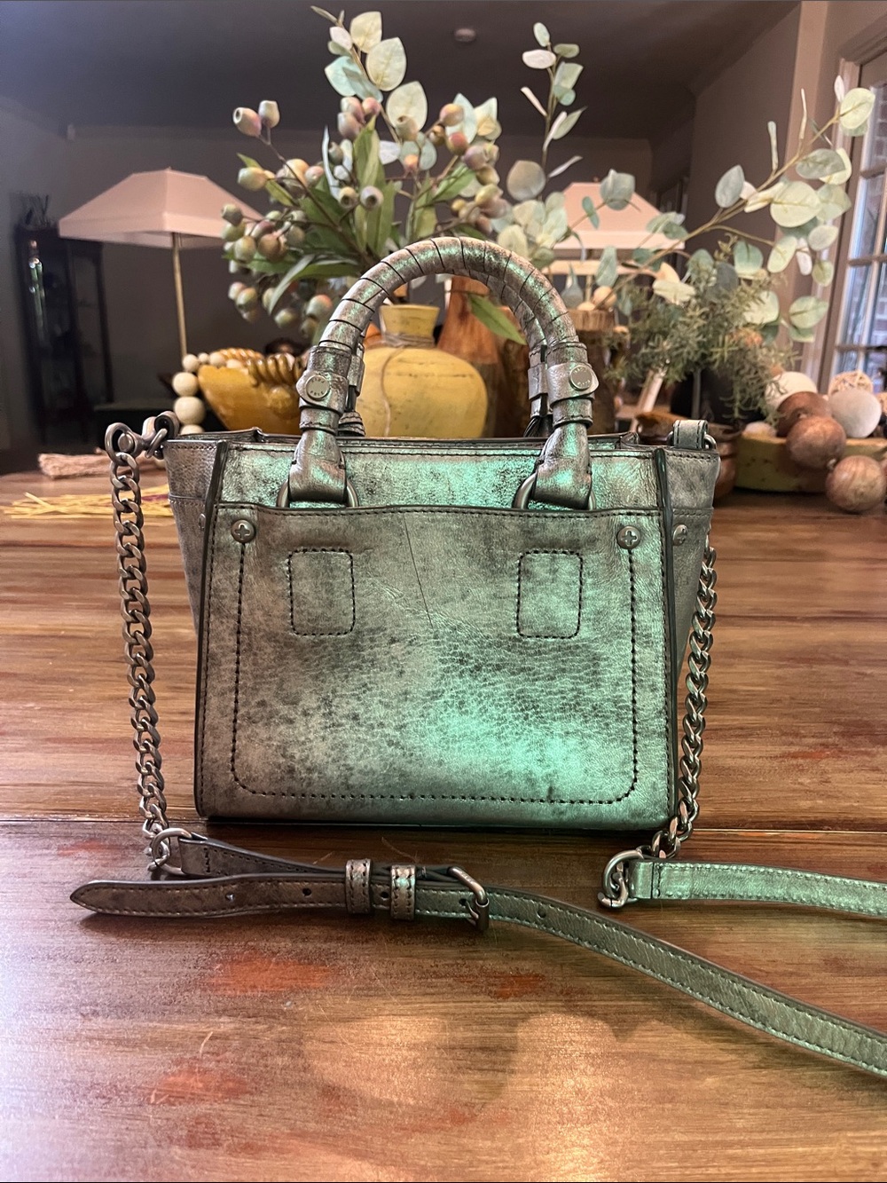 FRYE Silver Metallic Satchel Small Tote Handbag Purse